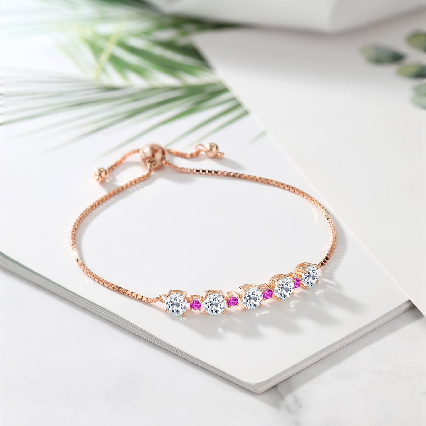 Gem Stone King Gemstone Birthstone and Pink Sapphire Tennis Bracelet 18K Rose Gold Plated Silver | Round 5MM and 2.5MM | Adjustable Bolo Design | Easy-On Easy-Off