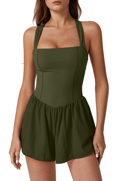 QINSEN Women's Square Neck Sleeveless Romper Jumpsuit