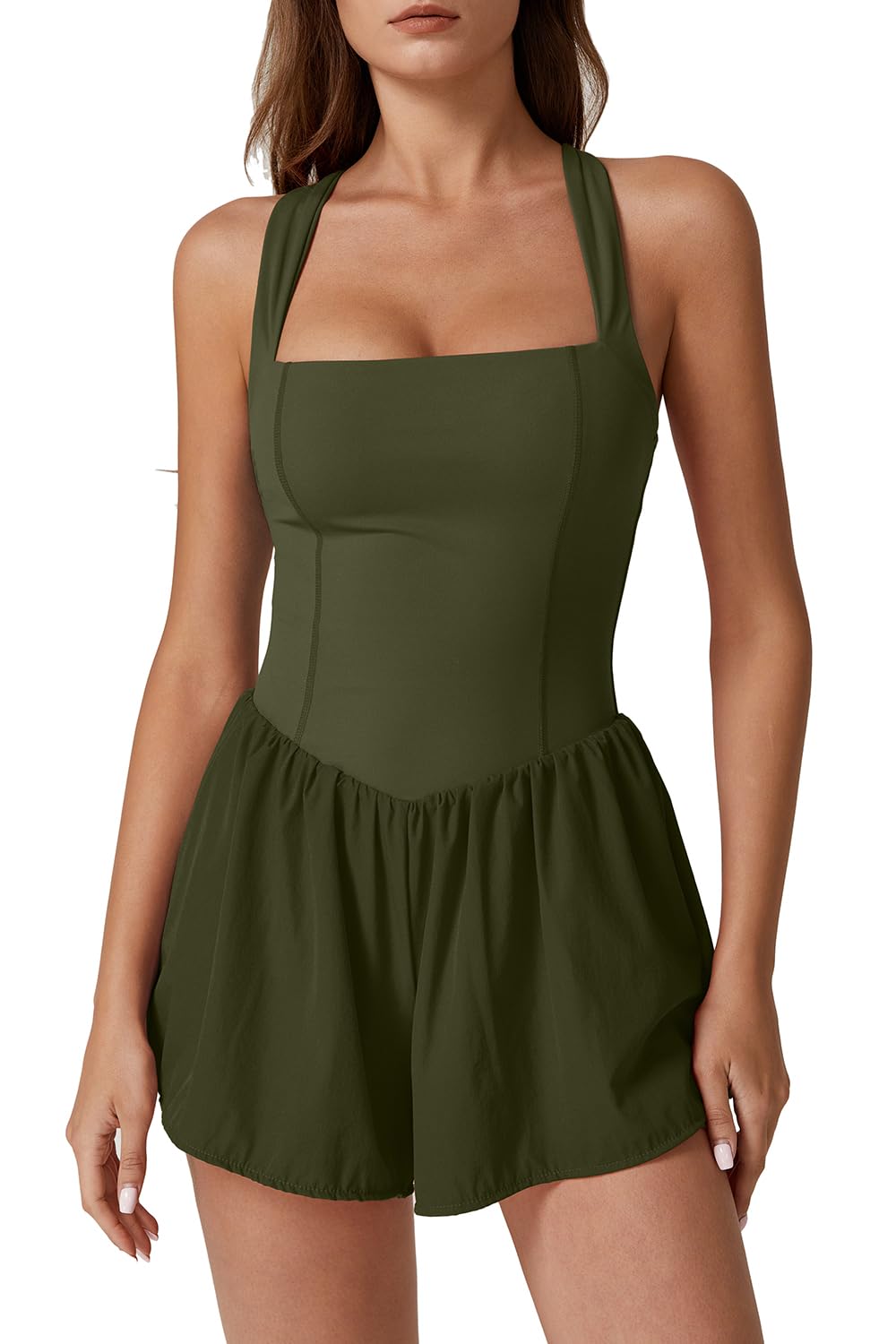 QINSEN Women's Square Neck Sleeveless Romper Jumpsuit