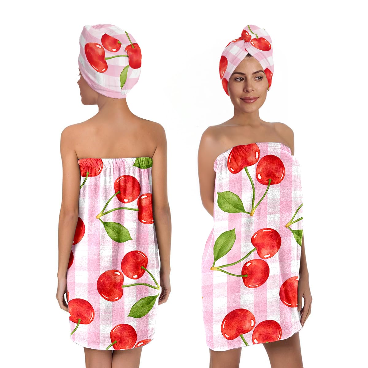 Strawberry Print Bath Wrap and Hair Drying Towel Set – Microfiber Quick Dry Shower Body Wrap for Women, Absorbent Spa Skirt with Elastic Band and Cute Bow Design (Strawberry 1)