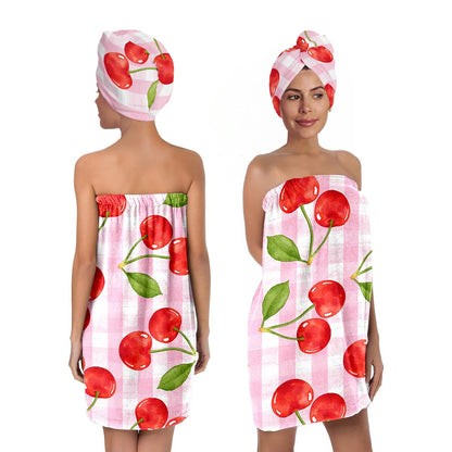 Strawberry Print Bath Wrap and Hair Drying Towel Set – Microfiber Quick Dry Shower Body Wrap for Women, Absorbent Spa Skirt with Elastic Band and Cute Bow Design (Strawberry 1)