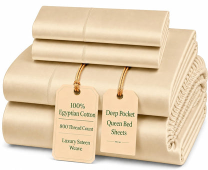 100% Egyptian Cotton Sheets King Size Sheets Set with Fully Elasticated 15" Deep Fitted Sheet & Pillowcase Sets, 800TC Sateen Weave Hotel Collection King Sheet Set, Soft Luxury White Bedding