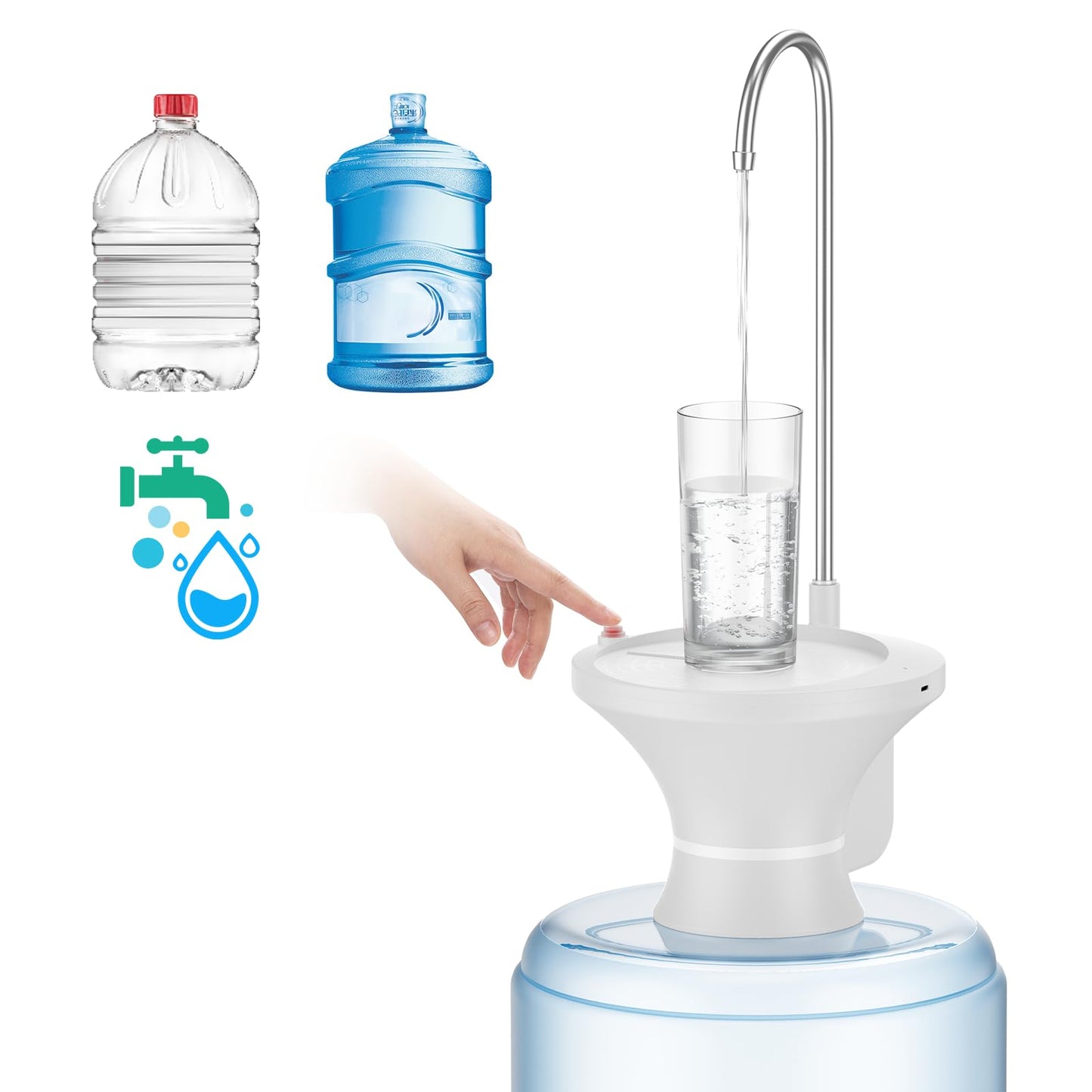 Drinking Water Dispenser Pump, Automatic Electric Drinking Water Bottle Pump for 2-5 Gallon Water Jugs, USB Rechargeable with 2 Switch Control, Stable and Portable for Home, Kitchen, Office, Camping