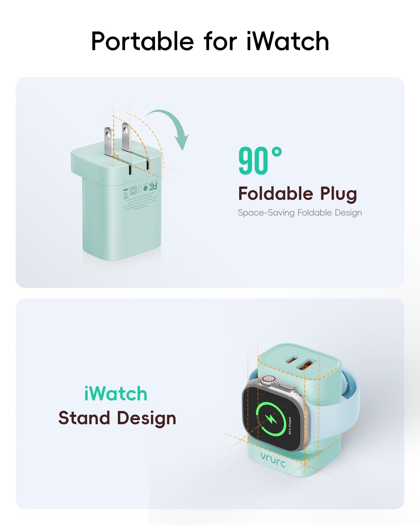 VRURC Fast Charger for Apple Watch, Built-in Wireless Magnetic Charging Station for iWatch SE/11/10/9/8/7/6/5/4, PD 20W USB C Charging Block, Foldable Wall Charger for iPhone 17/16/15/14/13-White