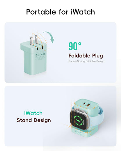 VRURC Fast Charger for Apple Watch, Built-in Wireless Magnetic Charging Station for iWatch SE/11/10/9/8/7/6/5/4, PD 20W USB C Charging Block, Foldable Wall Charger for iPhone 17/16/15/14/13-White