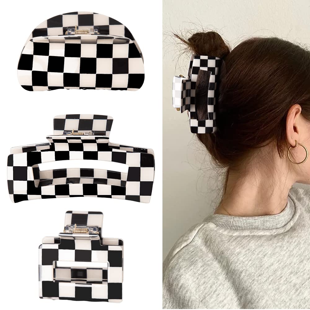 Vintage Checkered Y2K Hair Barrettes, Aesthetic 3Pcs Claw Clips for Women and Girls