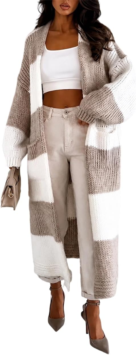 CHICME Open Front Oversized Long Knit Cardigan Sweater with Pockets