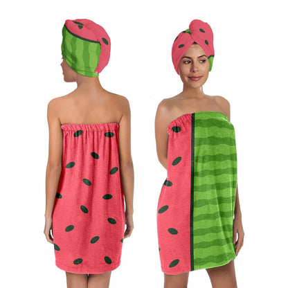 Strawberry Print Bath Wrap and Hair Drying Towel Set – Microfiber Quick Dry Shower Body Wrap for Women, Absorbent Spa Skirt with Elastic Band and Cute Bow Design (Strawberry 1)