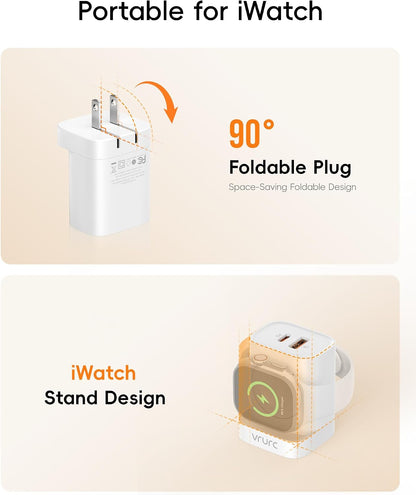 VRURC Fast Charger for Apple Watch, Built-in Wireless Magnetic Charging Station for iWatch SE/11/10/9/8/7/6/5/4, PD 20W USB C Charging Block, Foldable Wall Charger for iPhone 17/16/15/14/13-White