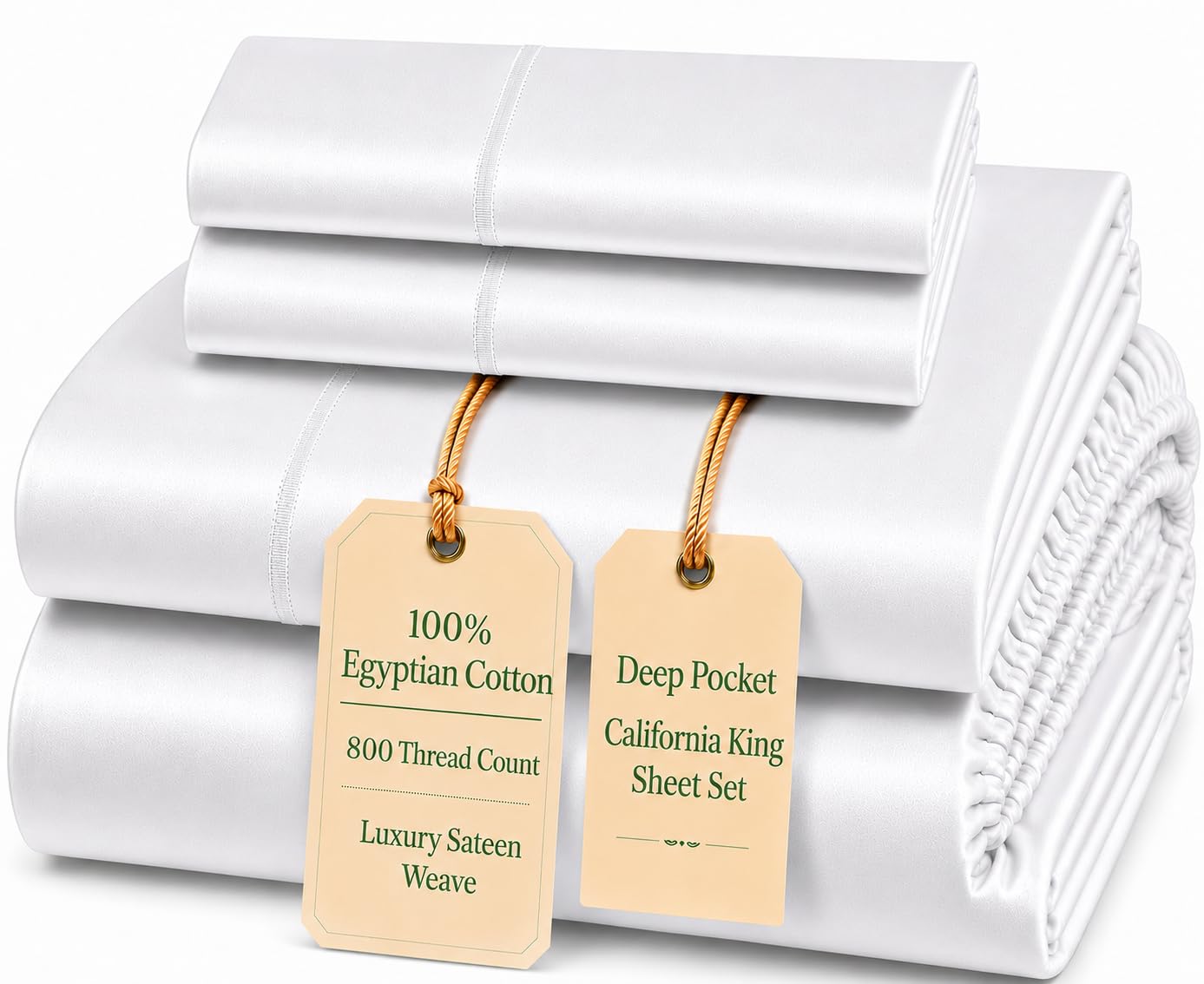 100% Egyptian Cotton Sheets King Size Sheets Set with Fully Elasticated 15" Deep Fitted Sheet & Pillowcase Sets, 800TC Sateen Weave Hotel Collection King Sheet Set, Soft Luxury White Bedding