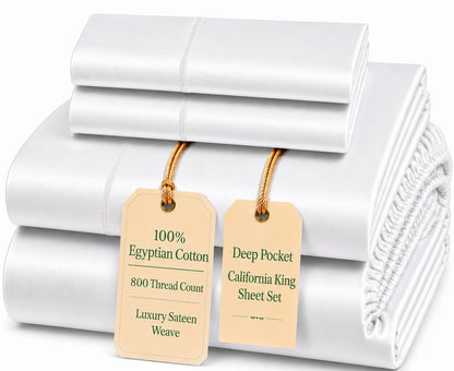 100% Egyptian Cotton Sheets King Size Sheets Set with Fully Elasticated 15" Deep Fitted Sheet & Pillowcase Sets, 800TC Sateen Weave Hotel Collection King Sheet Set, Soft Luxury White Bedding