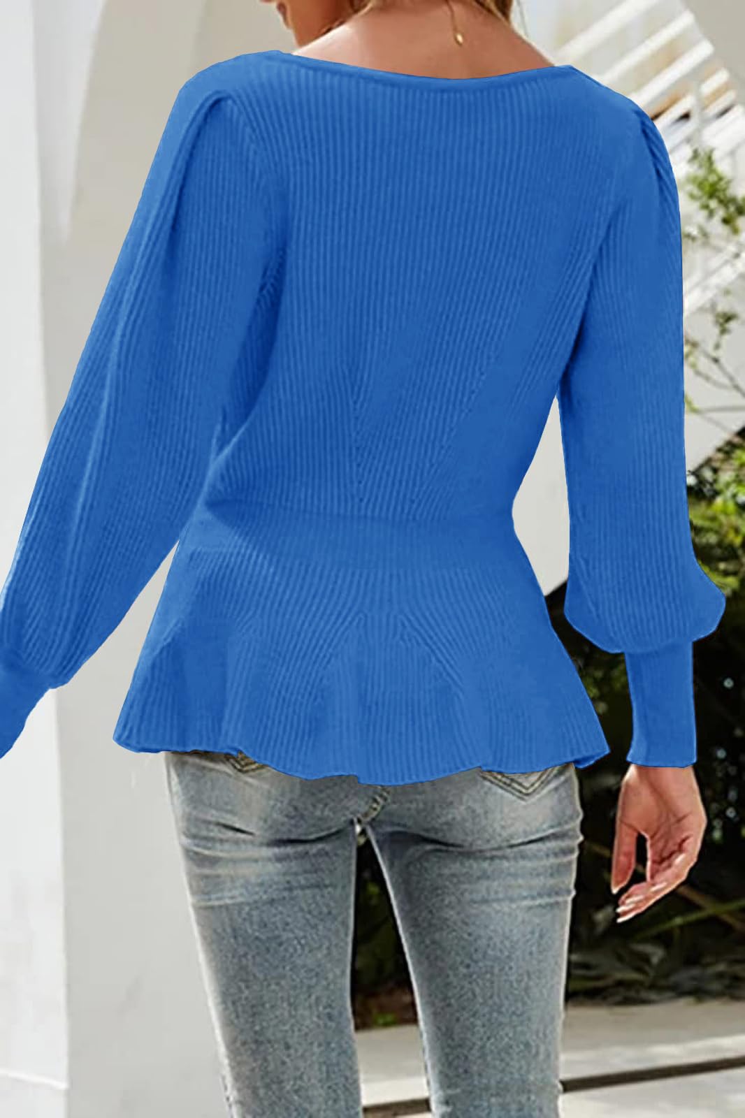 Womens Fall Puff Sleeve Peplum Casual Slim Fit Knit Pullover Sweater