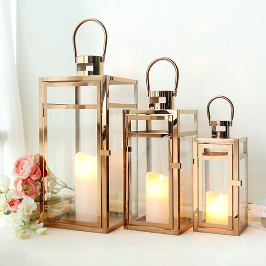 TRIROCKS Set of 3 Stainless Steel Candle Lantern 19/15/12'' High Metal Candle Holder with Tempered Glass Panels Perfect for Home Decor Living Room Parties Events Tabletop Indoors Outdoors (Rose Gold)