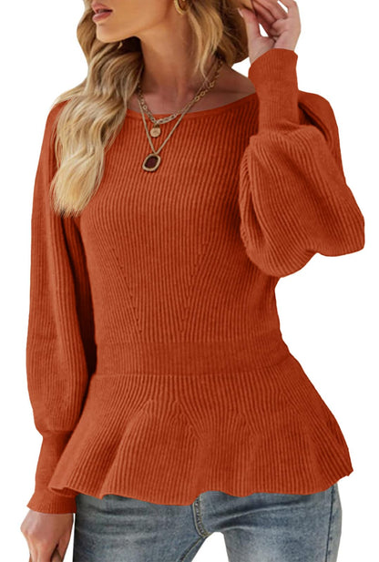 Womens Fall Puff Sleeve Peplum Casual Slim Fit Knit Pullover Sweater