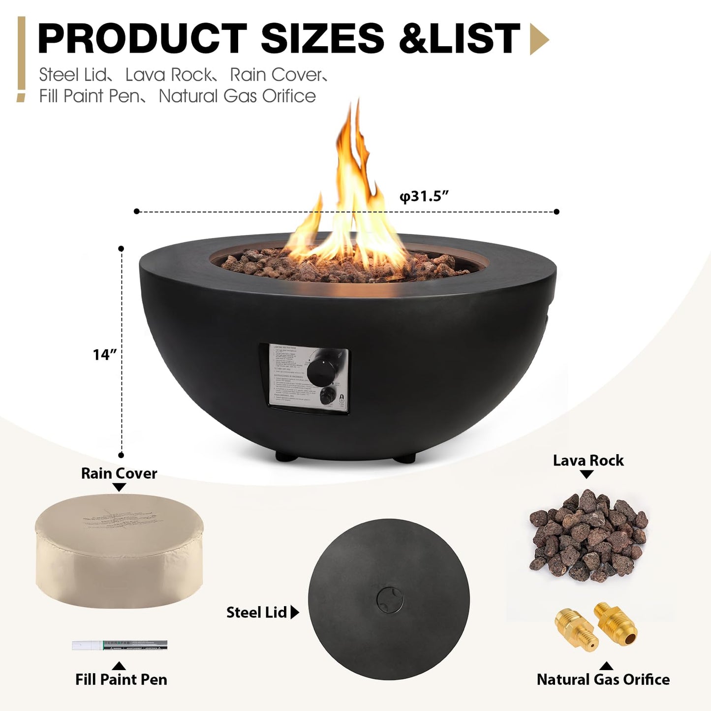 31.5 Inch Round Propane Fire Pit Table - Concrete Round Fire Bowl 50,000 BTU Natural Gas Firepit Burner with Steel Lid, Lava Rocks, Waterproof Cover for Outside Patio, Backyard, Party