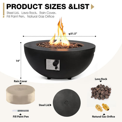 31.5 Inch Round Propane Fire Pit Table - Concrete Round Fire Bowl 50,000 BTU Natural Gas Firepit Burner with Steel Lid, Lava Rocks, Waterproof Cover for Outside Patio, Backyard, Party