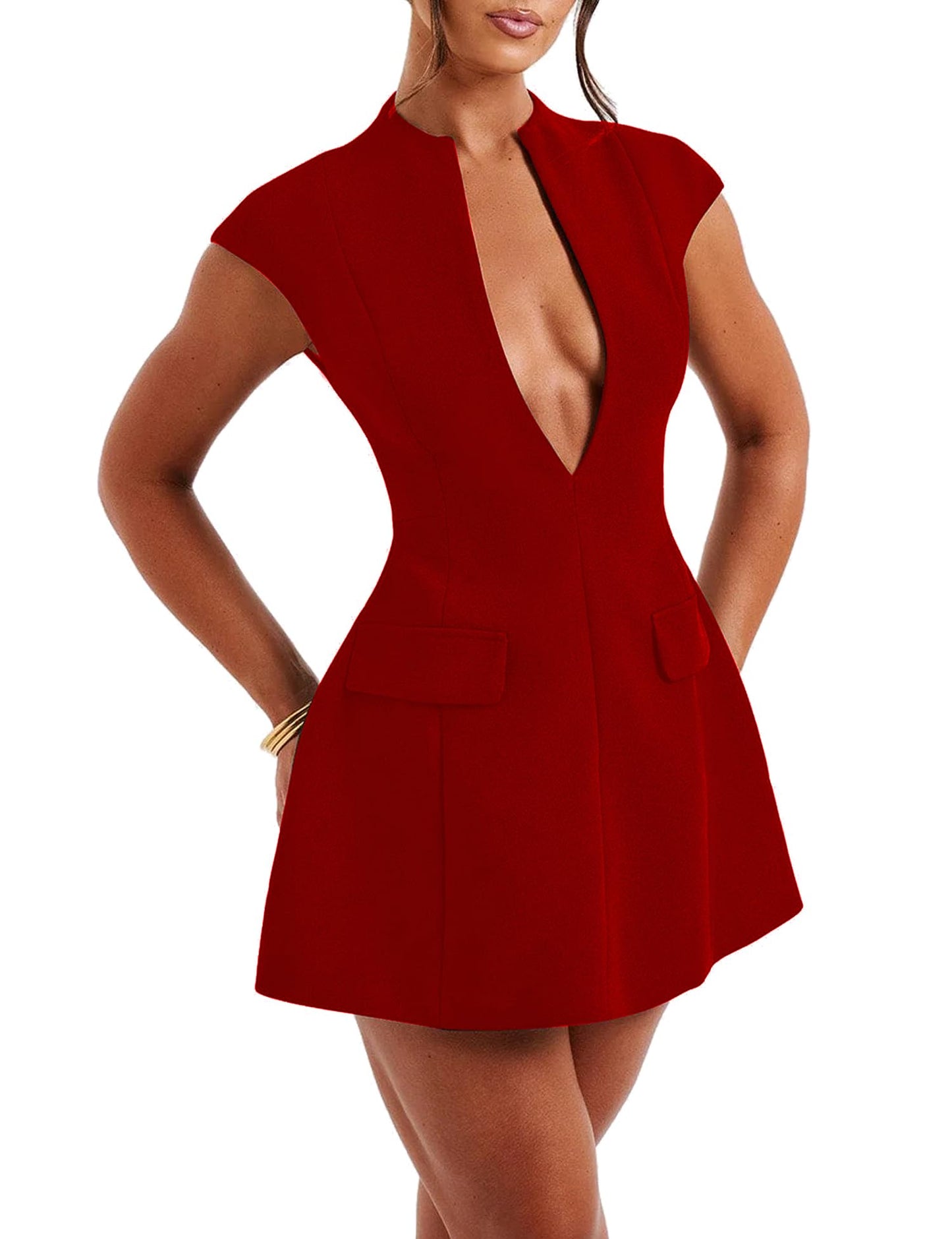 LuFeng Women's Sexy Cap Sleeve Deep V Neck Zipper A-line Mini Dress