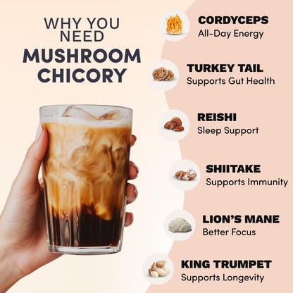 RYZE SUPERFOODS Mushroom Medium Roast Coffee USDA Organic with 6 Adaptogenic Mushrooms, USA Grown Instant Coffee for Better Energy, Focus Digestion Immunity with Lions Mane & Turkey Tail 30. Pack of 1