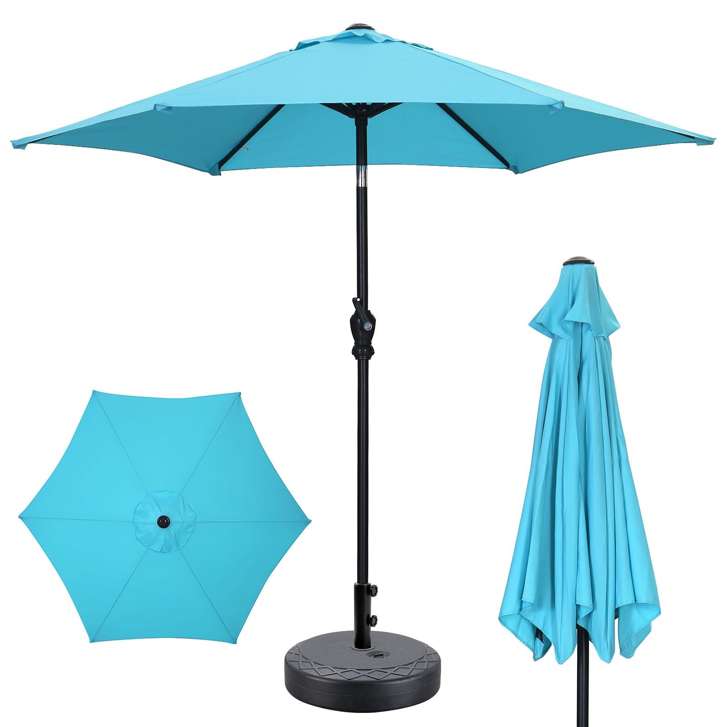 GDY 7.5ft Tassel Patio Umbrella and Matching Base, Outdoor Table Umbrella with 18 LED Lights,Market Umbrella with 6 Sturdy Ribs, with Push Button Tilt and Crank, Bright White