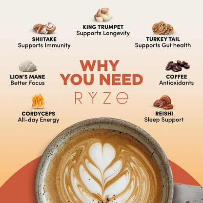 RYZE SUPERFOODS Mushroom Medium Roast Coffee USDA Organic with 6 Adaptogenic Mushrooms, USA Grown Instant Coffee for Better Energy, Focus Digestion Immunity with Lions Mane & Turkey Tail 30. Pack of 1