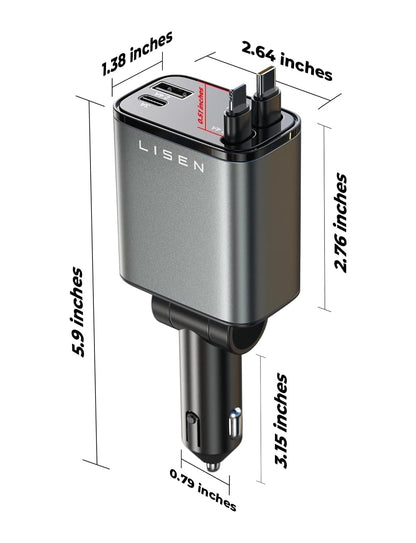 LISEN Retractable Car Charger, 84W Car Charger USB C Fast Charger, Cigarette Lighter USB Charger Adapter, Car Accessories Birthday Gifts for Men Women Dad Mom Husband, for iPhone 17 16 15 14 13 12 11