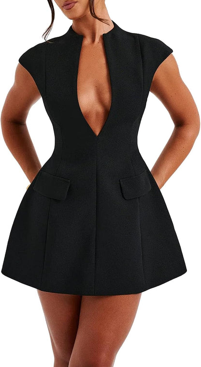LuFeng Women's Sexy Cap Sleeve Deep V Neck Zipper A-line Mini Dress
