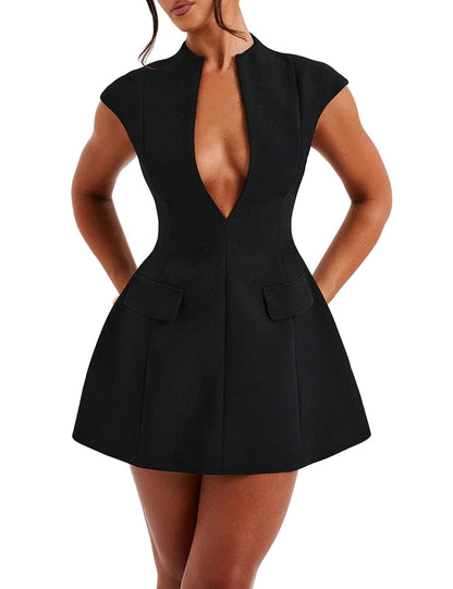 LuFeng Women's Sexy Cap Sleeve Deep V Neck Zipper A-line Mini Dress
