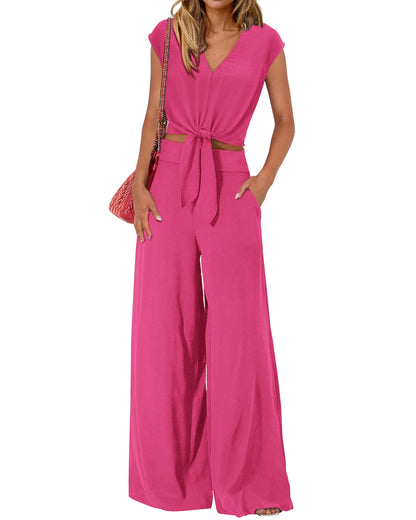 PRETTYGARDEN Women's Summer 2 Piece Outfits 2026 Cap Sleeve V Neck Belted Crop Tops Wide Leg Pant Sets Casual Tracksuit