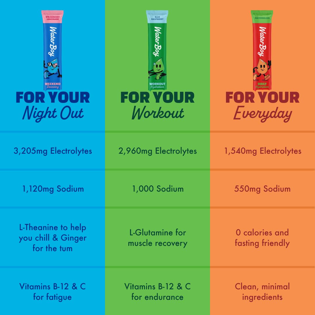 Waterboy - Weekend Recovery, Variety Pack, Sugar Free Electrolytes Powder Drink Mix - 24ct Hydration Packets