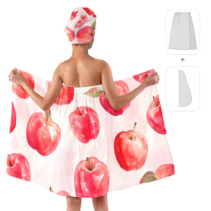 Strawberry Print Bath Wrap and Hair Drying Towel Set – Microfiber Quick Dry Shower Body Wrap for Women, Absorbent Spa Skirt with Elastic Band and Cute Bow Design (Strawberry 1)