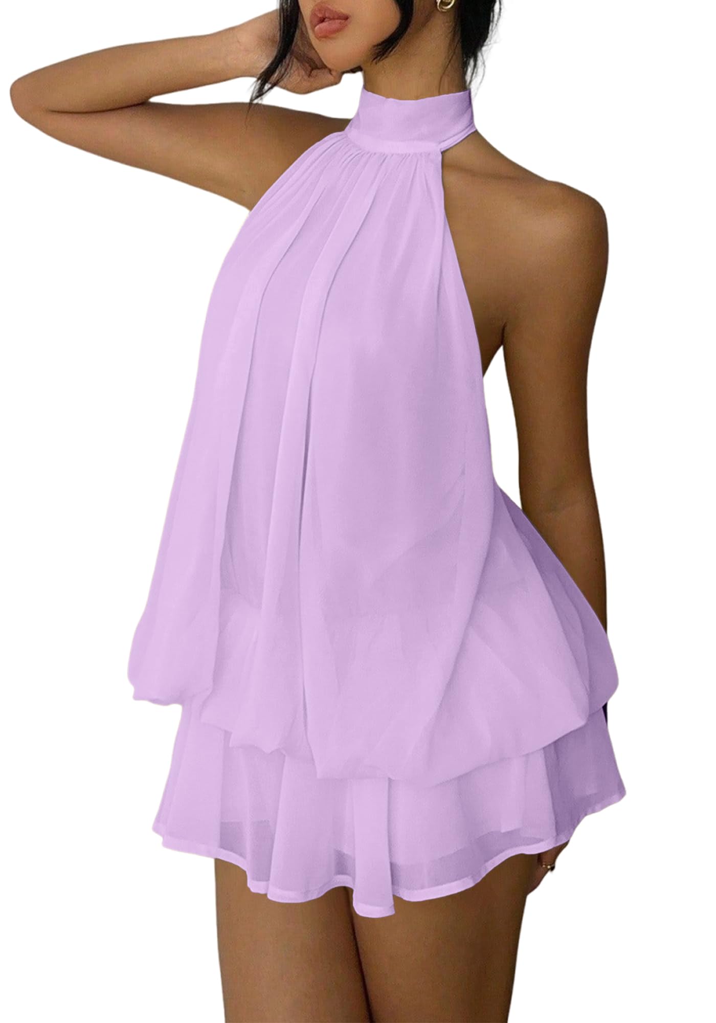 Women's Chiffon Halter Drop Waist Mini Dress Wedding Guest Dresses Ruffle Formal Club Holiday Brunch Outfits
