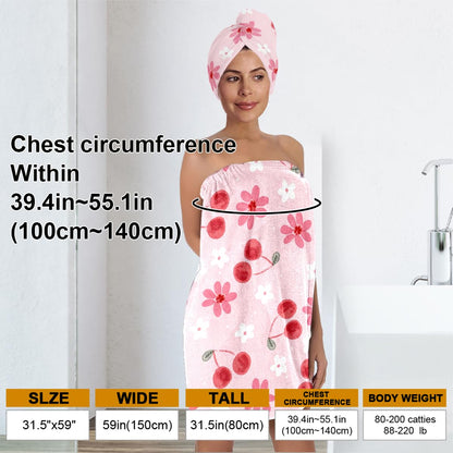 Strawberry Print Bath Wrap and Hair Drying Towel Set – Microfiber Quick Dry Shower Body Wrap for Women, Absorbent Spa Skirt with Elastic Band and Cute Bow Design (Strawberry 1)