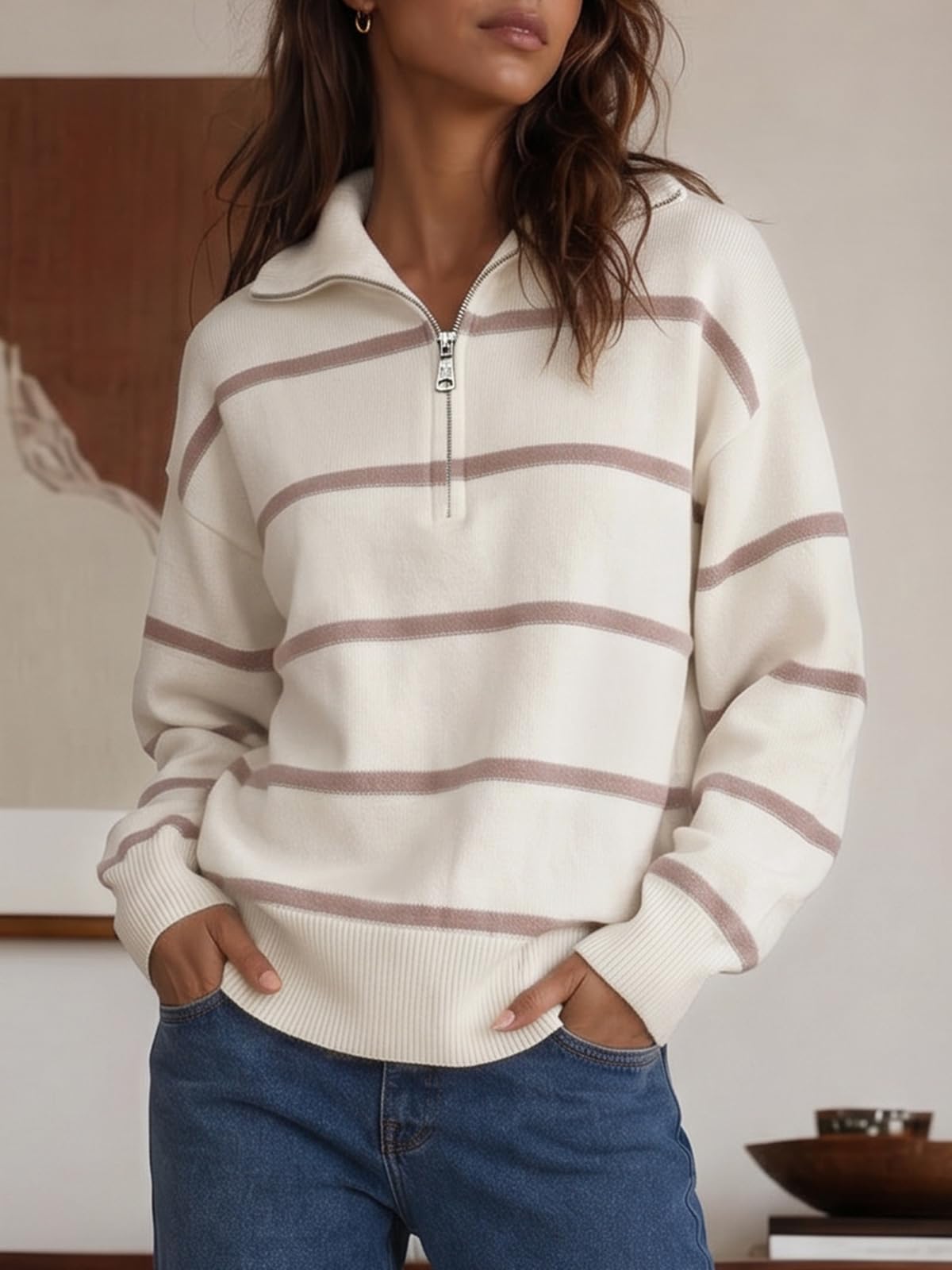 Fisoew Womens Quarter Zip Striped Sweater Oversized Turtleneck Pullover Top