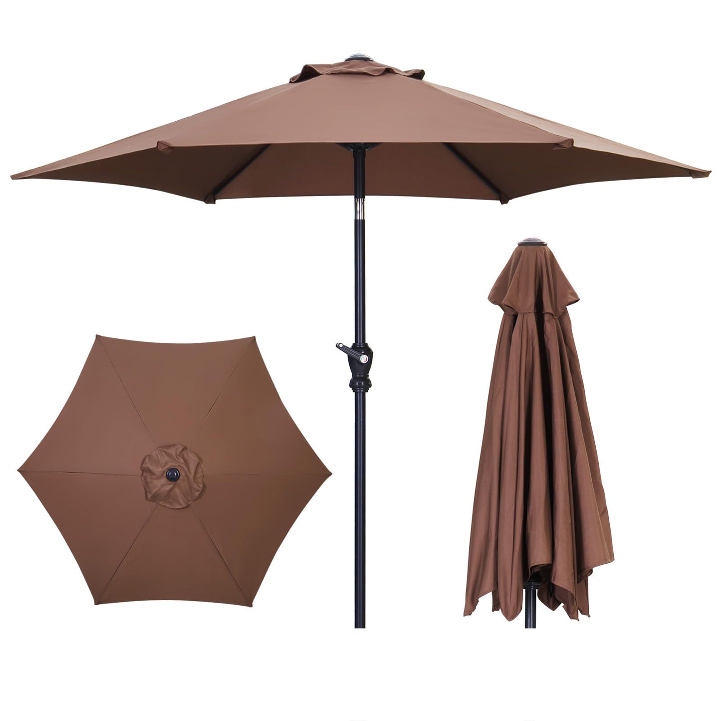 GDY 7.5ft Tassel Patio Umbrella and Matching Base, Outdoor Table Umbrella with 18 LED Lights,Market Umbrella with 6 Sturdy Ribs, with Push Button Tilt and Crank, Bright White