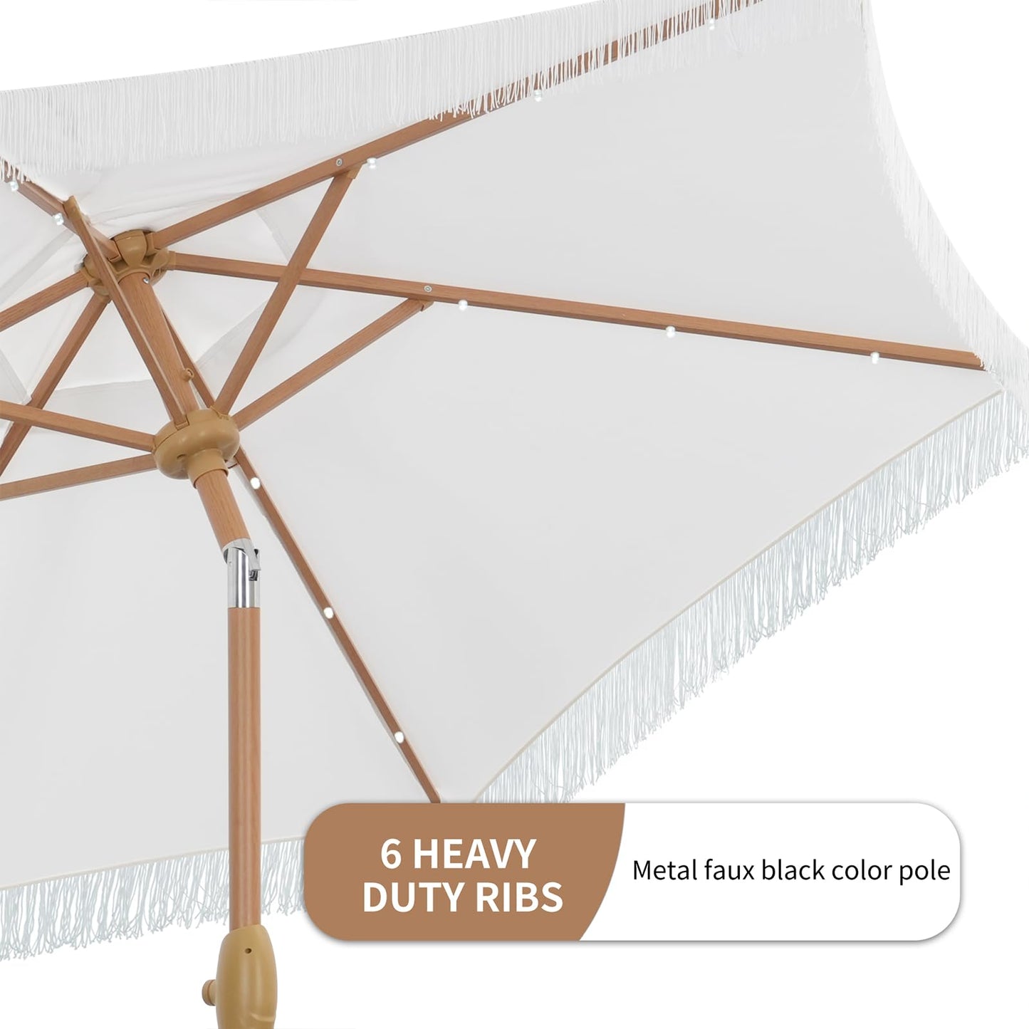 GDY 7.5ft Tassel Patio Umbrella and Matching Base, Outdoor Table Umbrella with 18 LED Lights,Market Umbrella with 6 Sturdy Ribs, with Push Button Tilt and Crank, Bright White