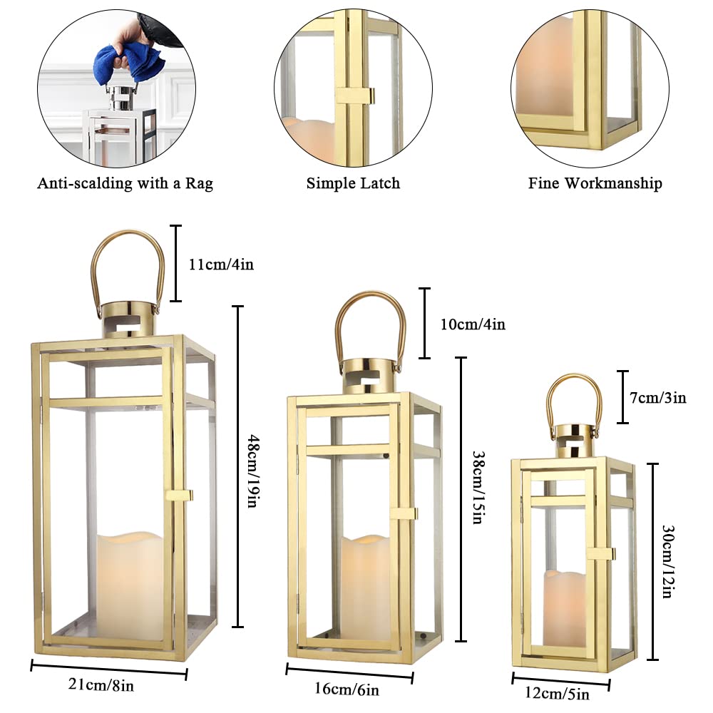 TRIROCKS Set of 3 Stainless Steel Candle Lantern 19/15/12'' High Metal Candle Holder with Tempered Glass Panels Perfect for Home Decor Living Room Parties Events Tabletop Indoors Outdoors (Rose Gold)
