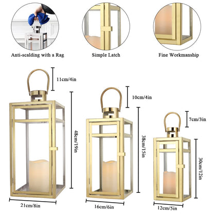 TRIROCKS Set of 3 Stainless Steel Candle Lantern 19/15/12'' High Metal Candle Holder with Tempered Glass Panels Perfect for Home Decor Living Room Parties Events Tabletop Indoors Outdoors (Rose Gold)