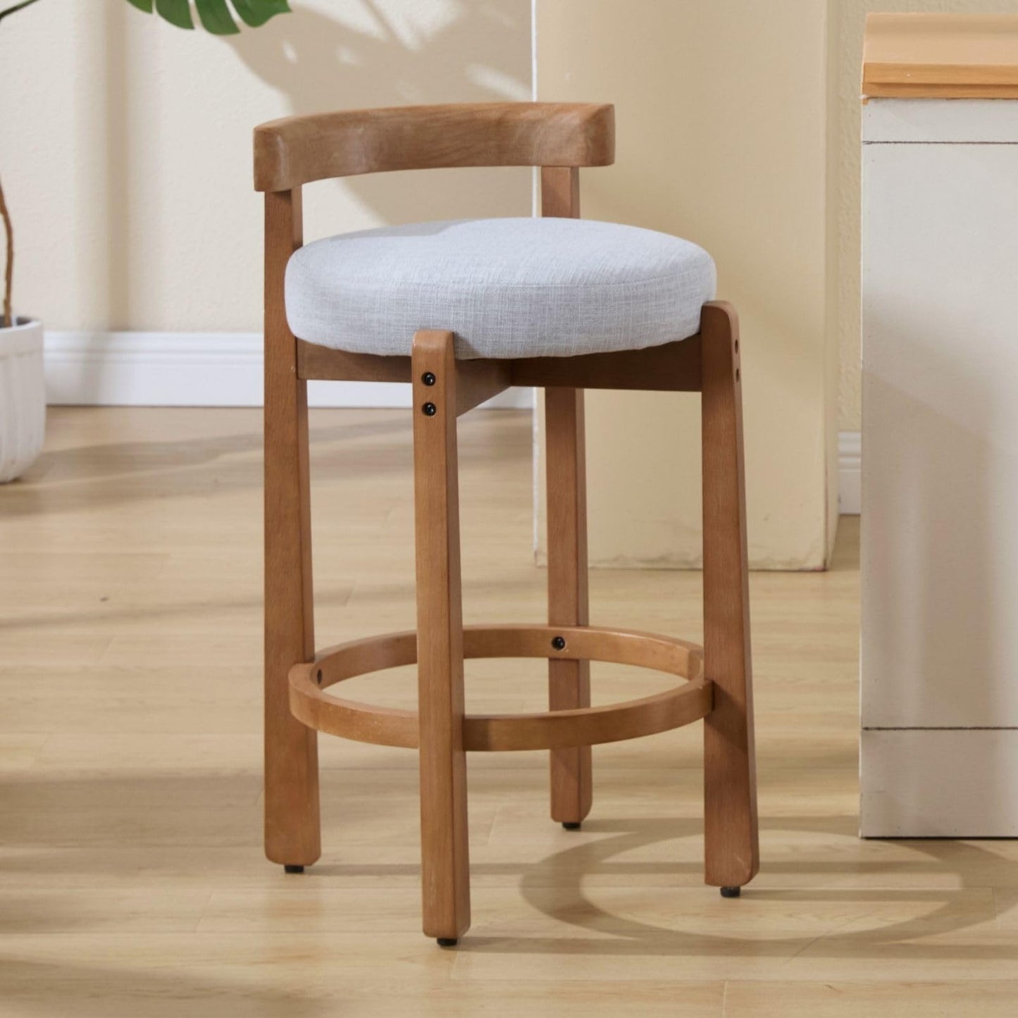 LukeAlon Mid Century Linen Counter Stools Set of 4, Upholstered 26.5” Seat Height Low Barstools with Natural Wood Legs Round Low Back Kitchen Stools with Footrest for Dining Room, Beige