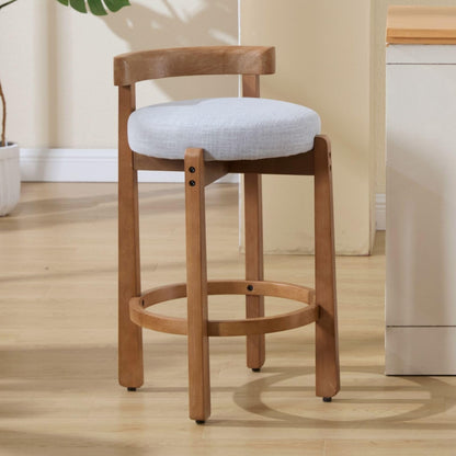 LukeAlon Mid Century Linen Counter Stools Set of 4, Upholstered 26.5” Seat Height Low Barstools with Natural Wood Legs Round Low Back Kitchen Stools with Footrest for Dining Room, Beige