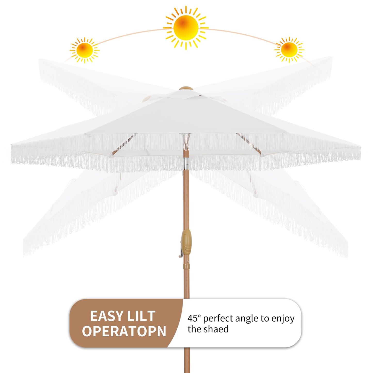 GDY 7.5ft Tassel Patio Umbrella and Matching Base, Outdoor Table Umbrella with 18 LED Lights,Market Umbrella with 6 Sturdy Ribs, with Push Button Tilt and Crank, Bright White