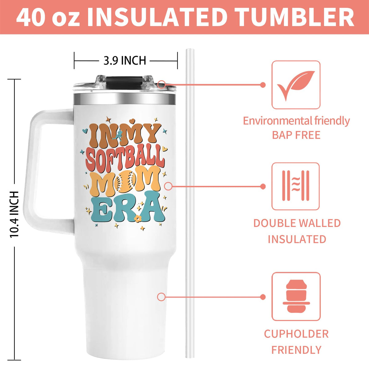 40oz Baseball Mom Tumbler, Christmas Holiday Gifts for Baseball Lovers
