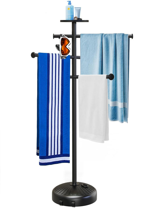 Solar Light Pool Towel Rack with Wheels – 63" Tall Adjustable Outdoor Towel Rack for Patio, Bathroom, Hot Tub