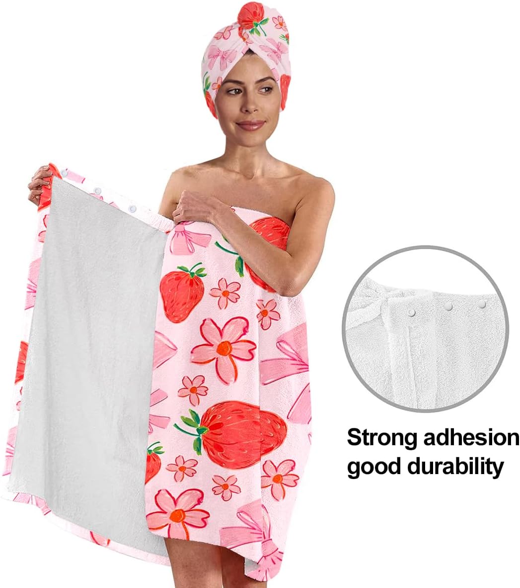 Strawberry Print Bath Wrap and Hair Drying Towel Set – Microfiber Quick Dry Shower Body Wrap for Women, Absorbent Spa Skirt with Elastic Band and Cute Bow Design (Strawberry 1)