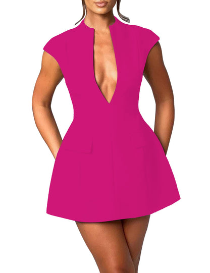 LuFeng Women's Sexy Cap Sleeve Deep V Neck Zipper A-line Mini Dress
