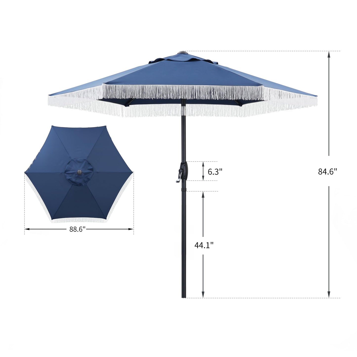GDY 7.5ft Tassel Patio Umbrella and Matching Base, Outdoor Table Umbrella with 18 LED Lights,Market Umbrella with 6 Sturdy Ribs, with Push Button Tilt and Crank, Bright White