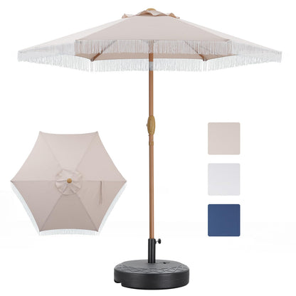 GDY 7.5ft Tassel Patio Umbrella and Matching Base, Outdoor Table Umbrella with 18 LED Lights,Market Umbrella with 6 Sturdy Ribs, with Push Button Tilt and Crank, Bright White