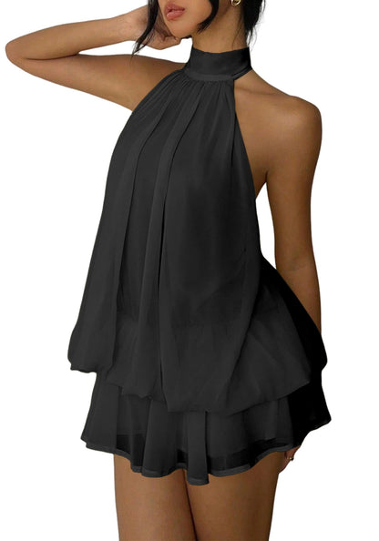 Women's Chiffon Halter Drop Waist Mini Dress Wedding Guest Dresses Ruffle Formal Club Holiday Brunch Outfits