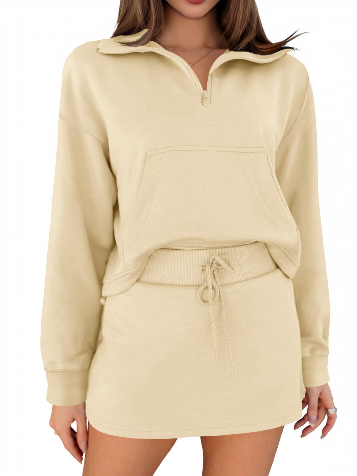Fisoew Women’s 2 Piece Outfits Quarter Zip Cropped Sweatshirts Casual Mini Skorts Lounge Wear Skirts Sets
