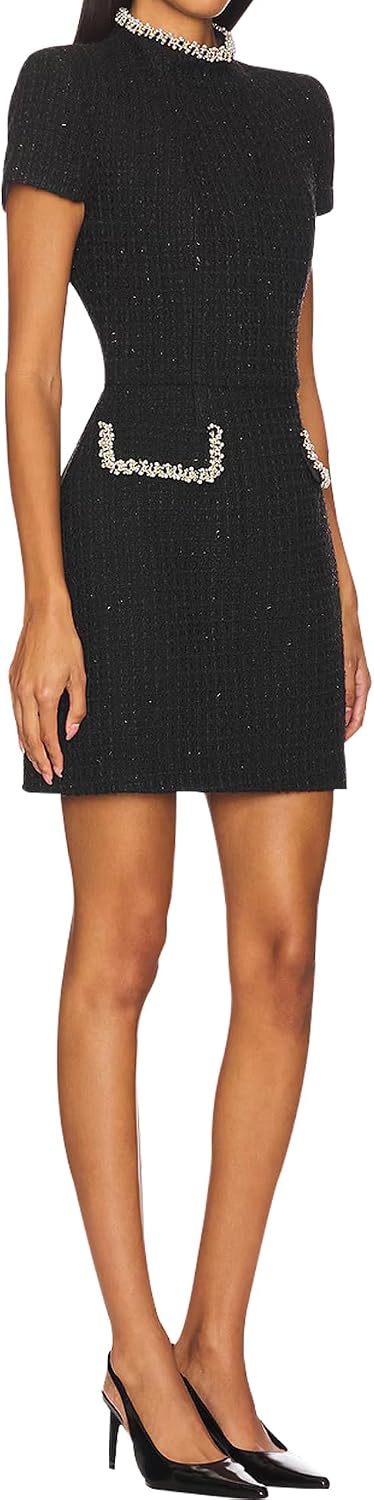 LuFeng Womens Sexy Short Sleeve High Neck Pearls Mini Dress