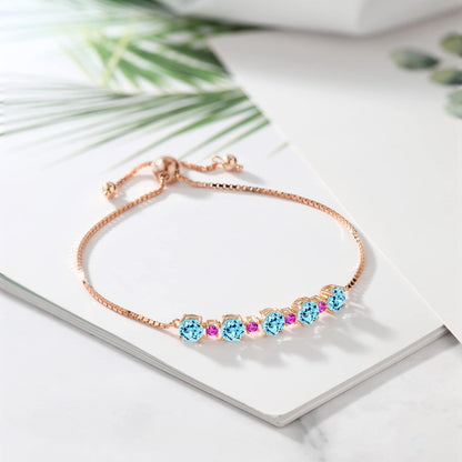 Gem Stone King Gemstone Birthstone and Pink Sapphire Tennis Bracelet 18K Rose Gold Plated Silver | Round 5MM and 2.5MM | Adjustable Bolo Design | Easy-On Easy-Off